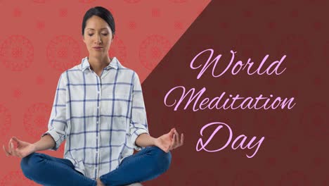 animation of world meditation day text with biracial woman meditating on red background