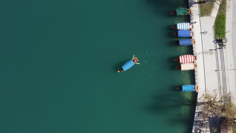 topdown view of traditional wooden pletna boats at bled island, upper carniolan region, slovenia