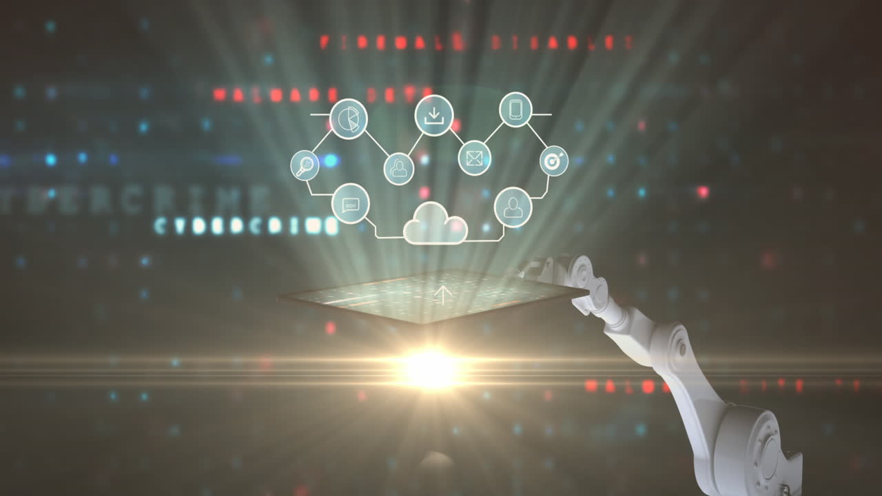 로의 팔과 클라우드 네트워크의 애니메이션 및 데이터 처리