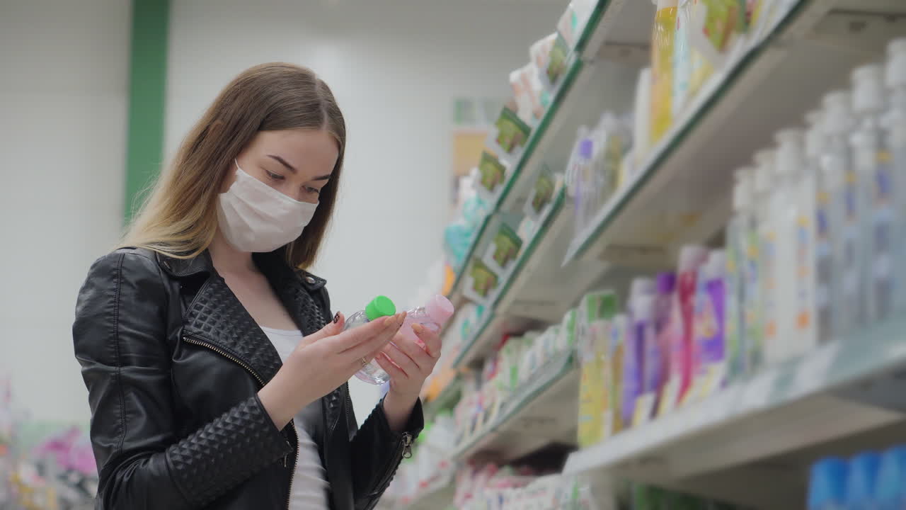 마스크를 착용 한 슈퍼마켓에서 개인 관리 제품을 구매하는 여성