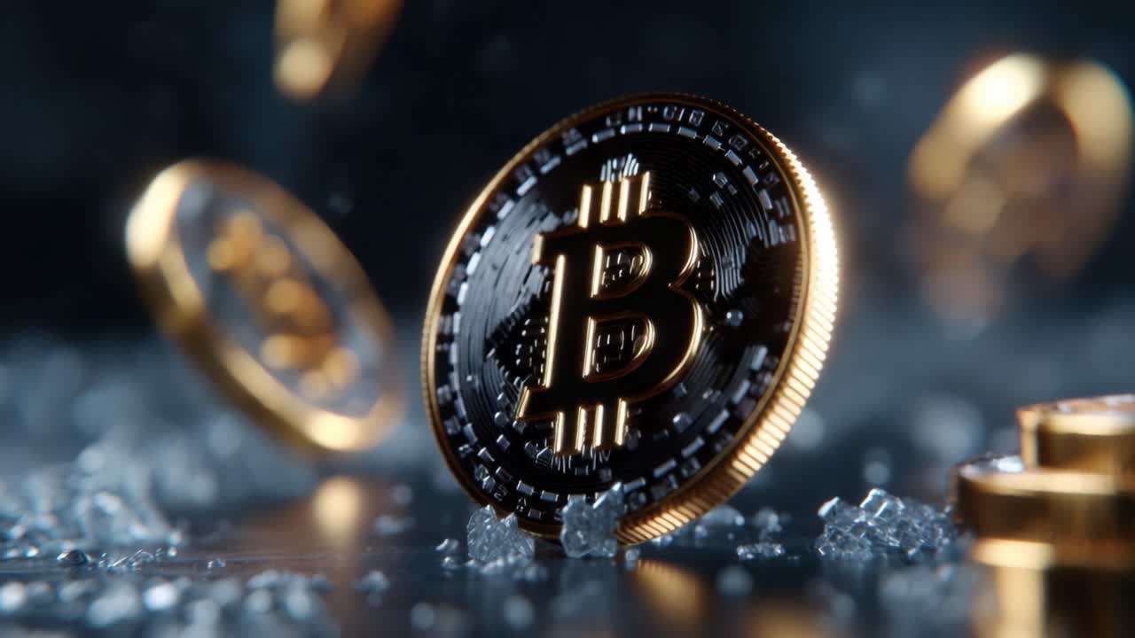 Dynamic Visualization of Cryptocurrency: A Stunning Transformation of Bitcoin Coins with Glorious Reflections and Shimmering Background Elements