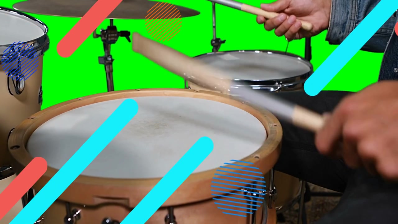 Drummer initiating stick rebound, playing tom snare rhythm for music, overlays tracking sticks