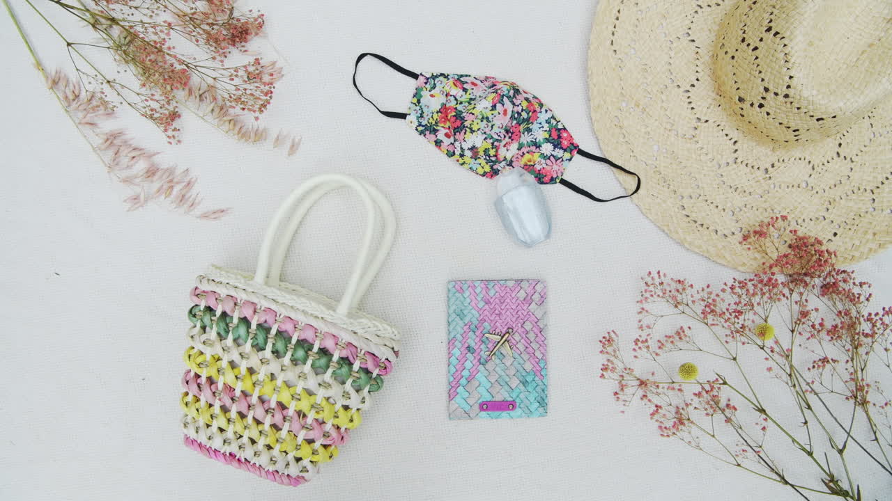 Cute Flat Lay Of Summer Essentials During The Corona virus Season - moving shot