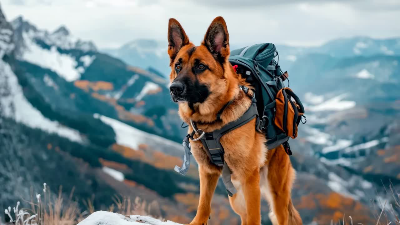 Karla kaplı bir dağın tepesinde sırt çantasıyla duran bir köpek
