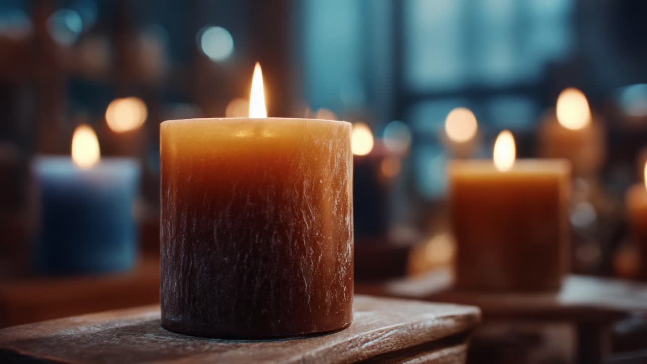 A Serene Glow: Captivating Candle Flames Illuminate an Elegant Setting, Evoking a Sense of Warmth and Tranquility Amidst a Soft Focus Background