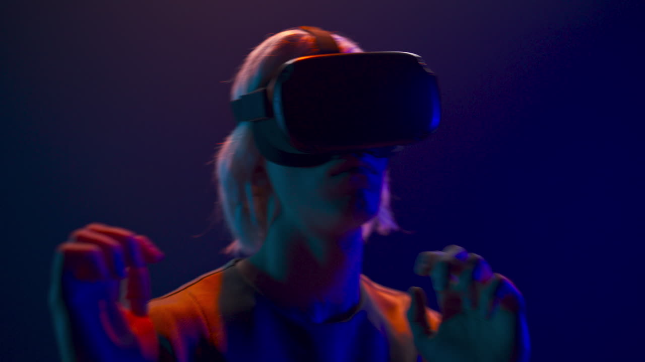 Involved guy visit virtual party closeup. Man immersed in abstract neon vr world