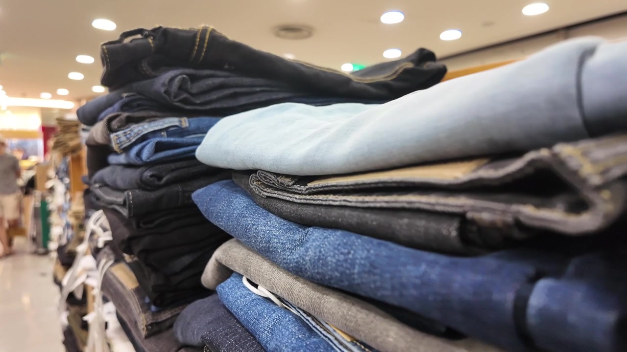 Close Up of Folded Denim Jeans on Display in a Store
