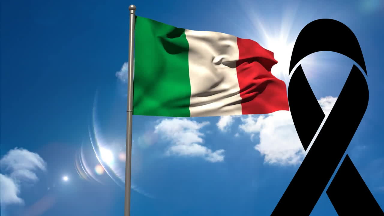 Waving Italian flag with black ribbon symbol against bright blue sky