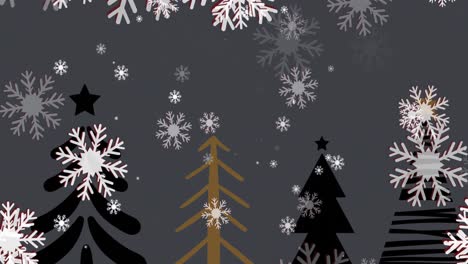 Animation-of-snowflakes-falling-over-christmas-trees-on-grey-background