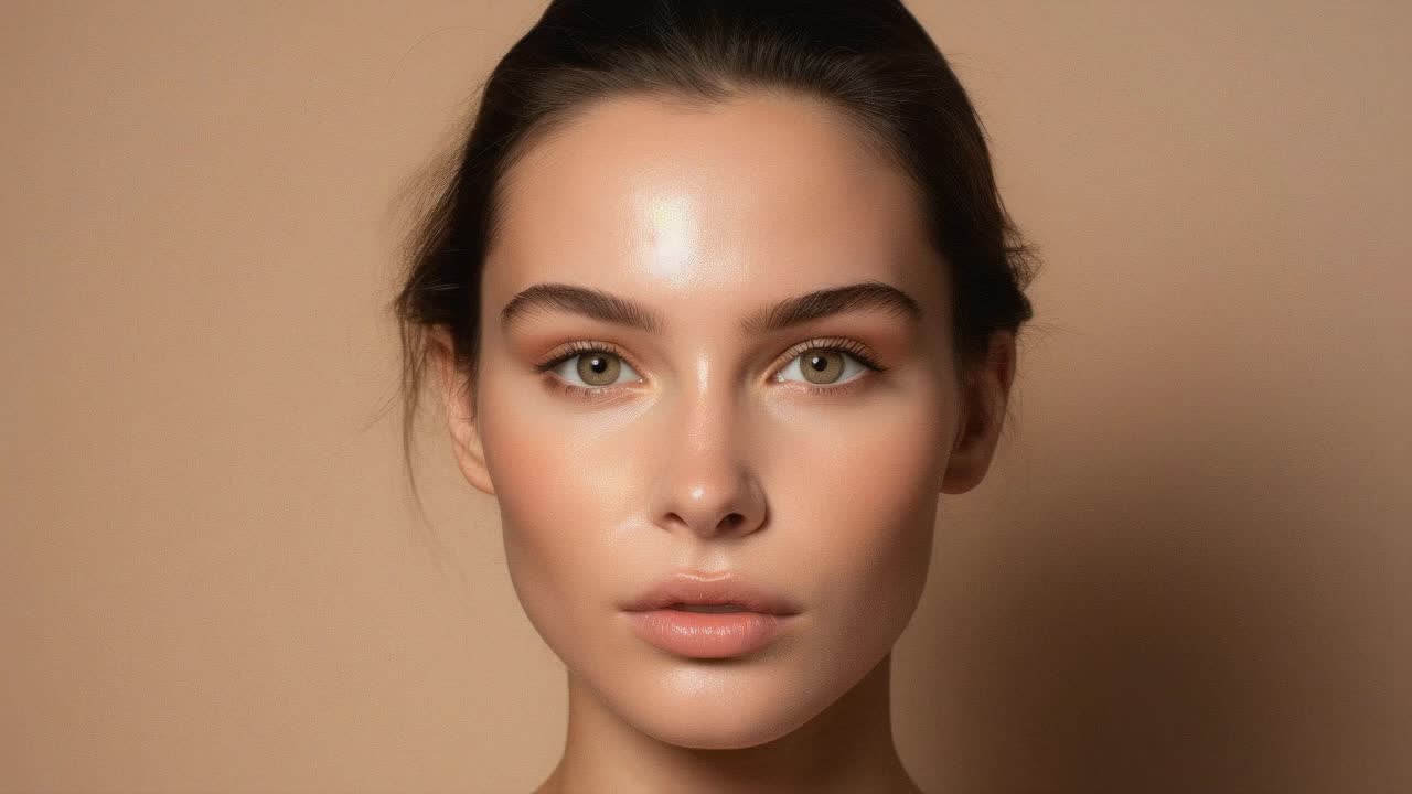 Primo piano di una donna con trucco naturale, ripresa da un angolo frontale