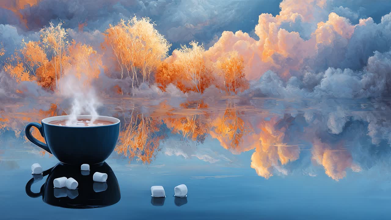 A Serene Hot Beverage Experience: A Cozy Cup of Steaming Chocolate Against a Backdrop of Reflected Clouds and Autumn Trees Infused with Warm Colors and Tranquility