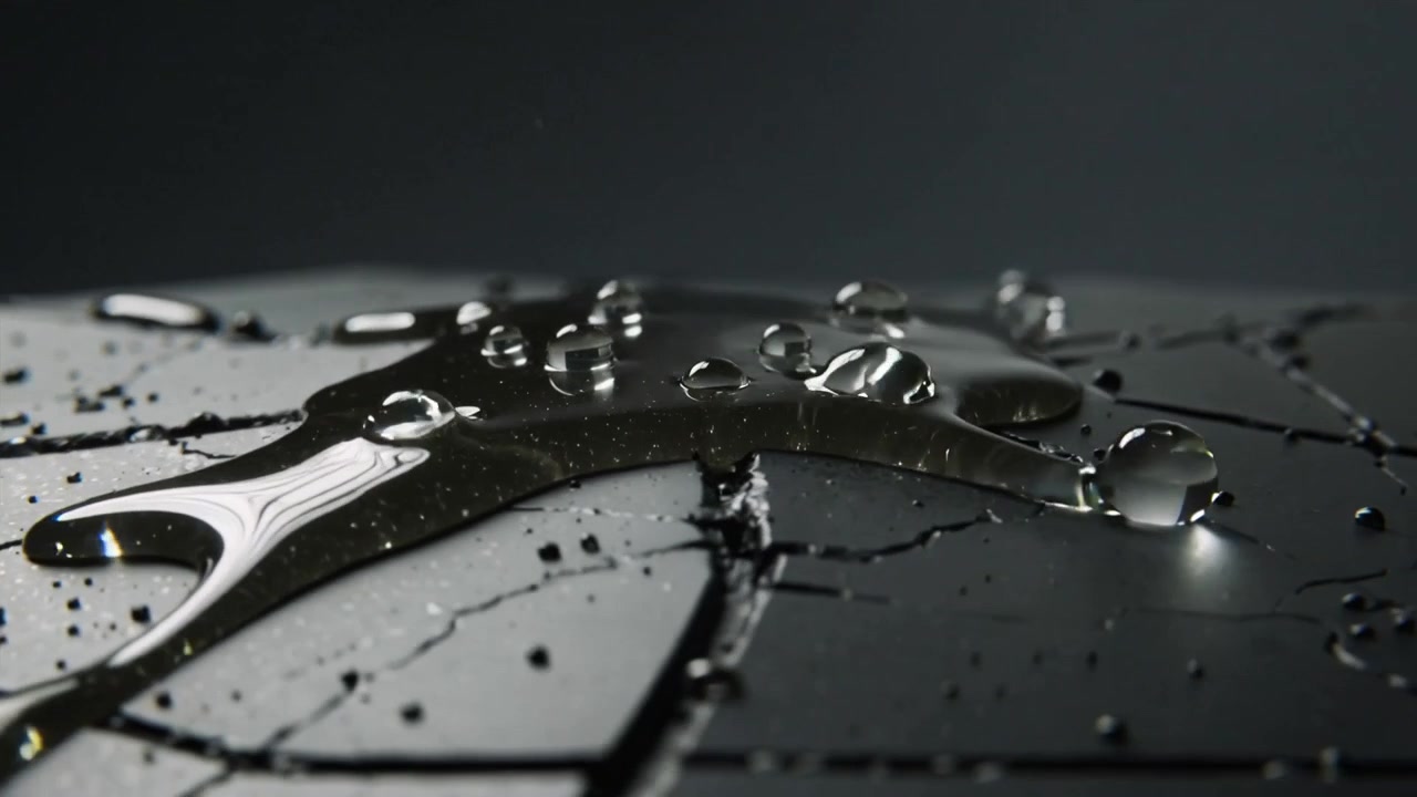 Genangan mengkilap menyebar melintasi cakram retak sebagai penentu tepi, tetesan bergulir keluar, kilauan debu