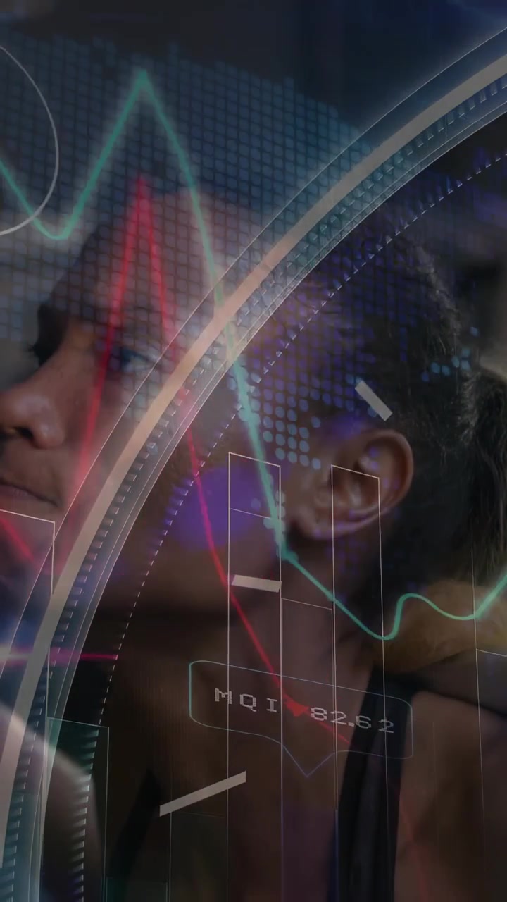 Vertical video: Athlete shifting gaze, making HUD arc and bars move and highlight fitness metrics