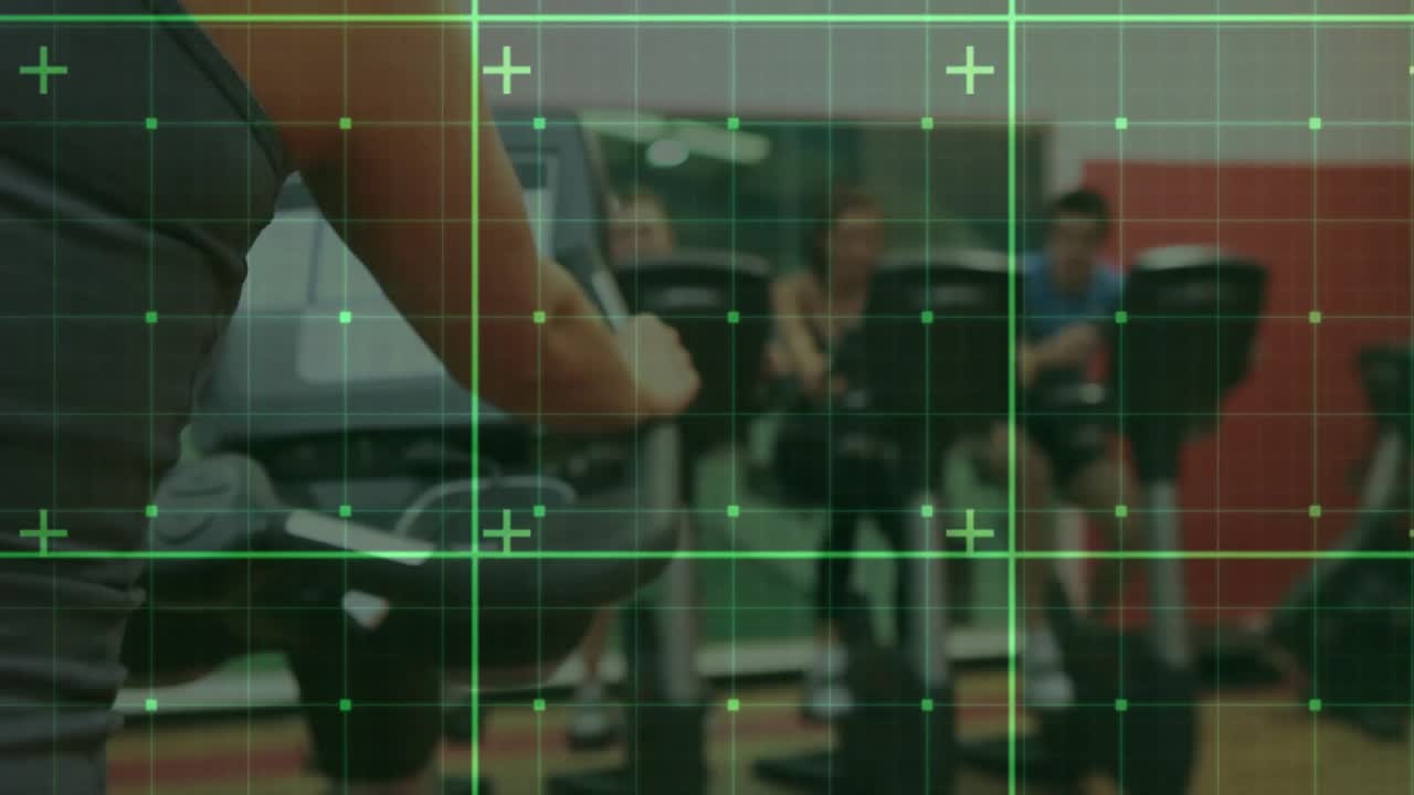 Woman pedaling bike initiating fitness data grid scanning and highlighting consoles and cyclists