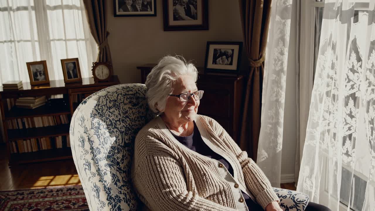 Warm, intimate video concept of an elderly woman in a cozy chair, captured from a side angle