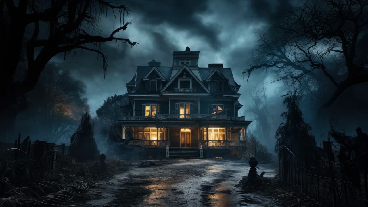 Concepto de video cinematográfico e inquietante de una casa encantada por la noche