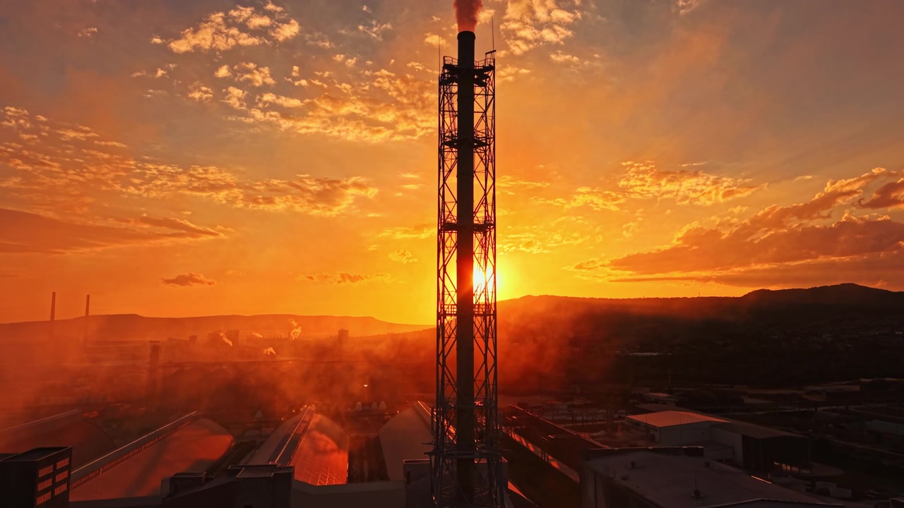 Atardecer sobre zona industrial con humo y torres durante la tarde en la ciudad