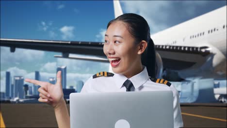 close up of asian woman pilot using a laptop and pointing to side while standing in airfield with airplane on background