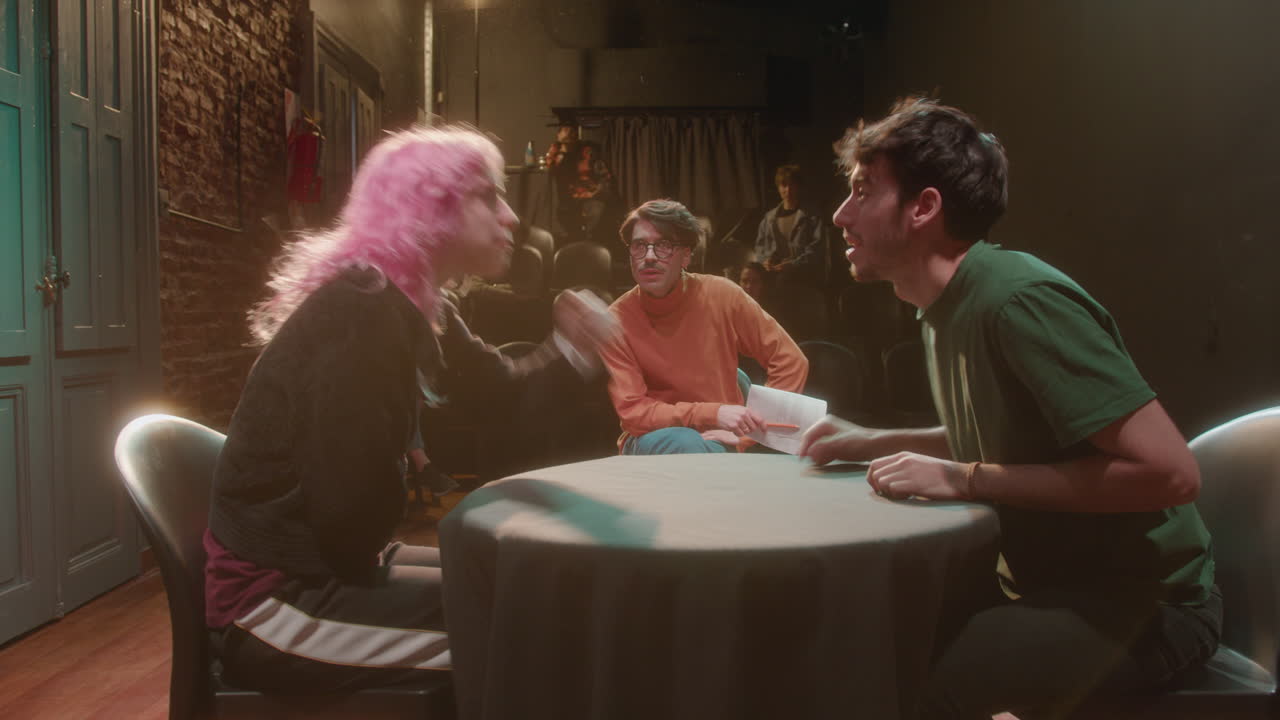 Couple Performing Drama on Stage during Rehearsal in Theater