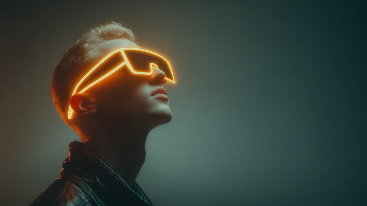 A Stylish Young Individual Silhouetted Against a Softly Lit Background, Wearing Futuristic Neon Orange Sunglasses That Enhance the Modern Aesthetic of the Scene