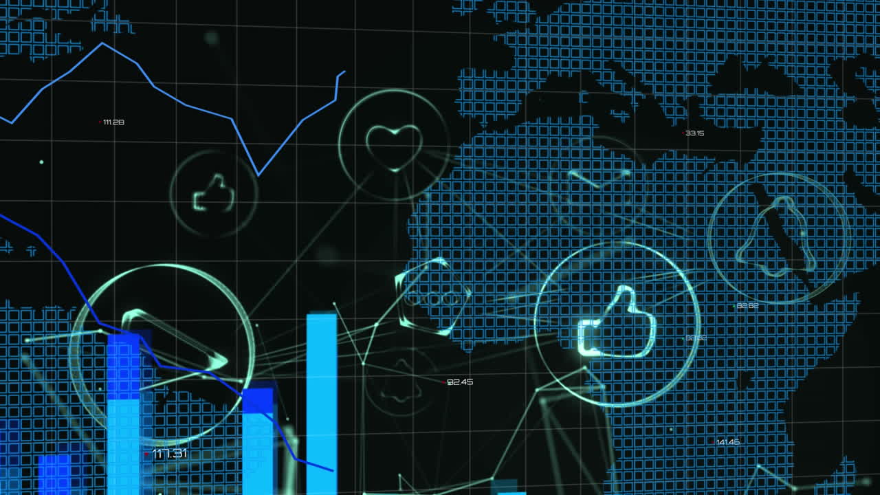 red de iconos digitales contra el mapa del mundo