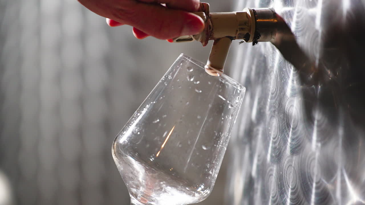 Pouring white wine directly from stainless tank, barrel in a slow motion