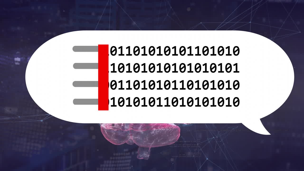 animación del cerebro humano, procesamiento de datos de codificación binaria sobre burbuja de habla