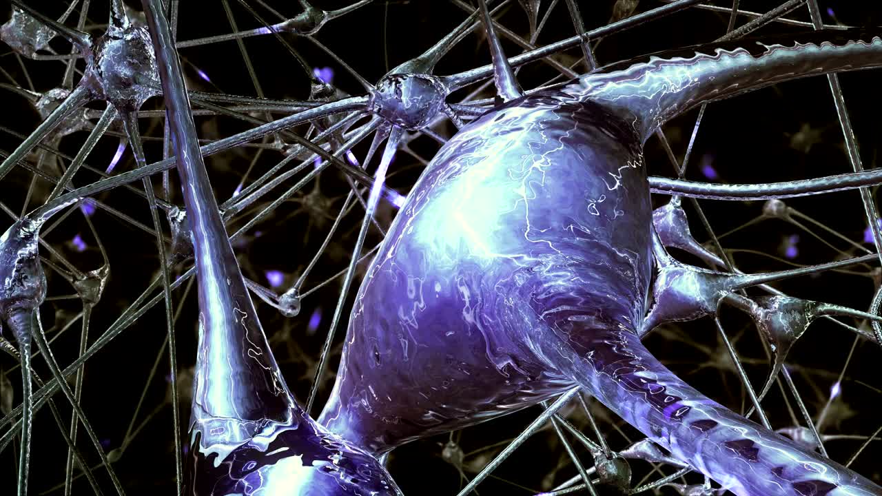 viaje a través de una red de células neuronales y sinapsis en el cerebro a través de la cual pasan impulsos eléctricos y descargas