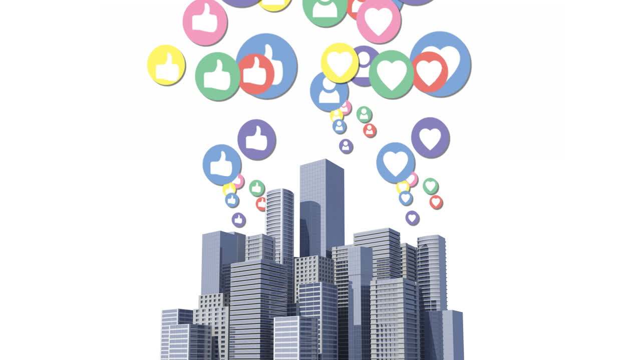 Animação de vários ícones coloridos de mídias sociais digitais voando sobre uma paisagem urbana.