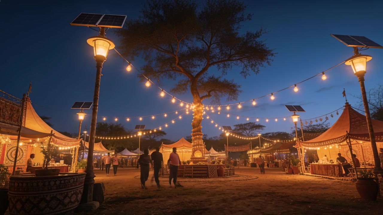 Centering tree wrapped in string lights, dusk drawing visitors walking between lit tents