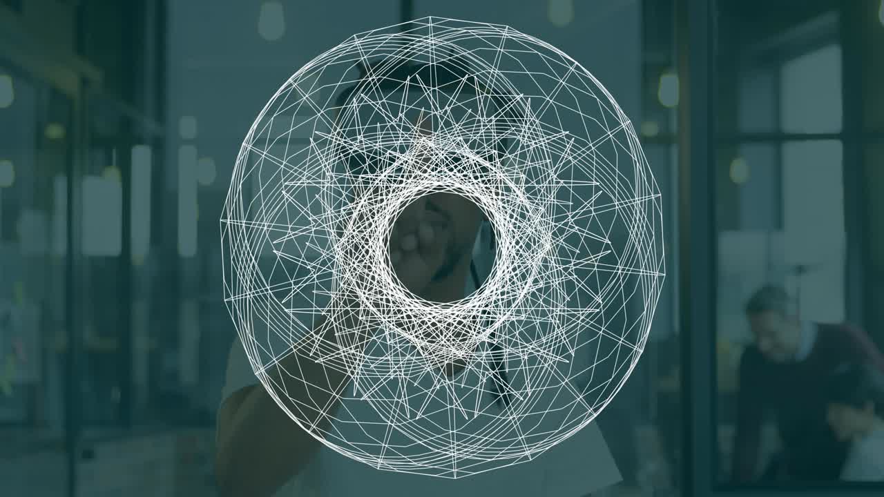 animación de geometría circular, sobre el hombre que usa auriculares vr utilizando una interfaz virtual