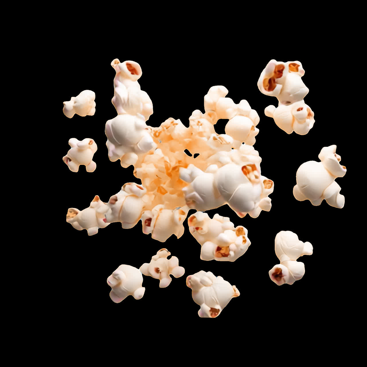 Floating popcorn animation isolated asset, transparent 4K video, alpha channel, ProRes 4444