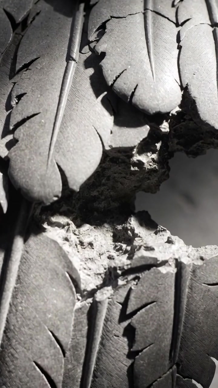 Vertical video: Shifting camera filming damaged tire revealing gouge during inspection, with fibers