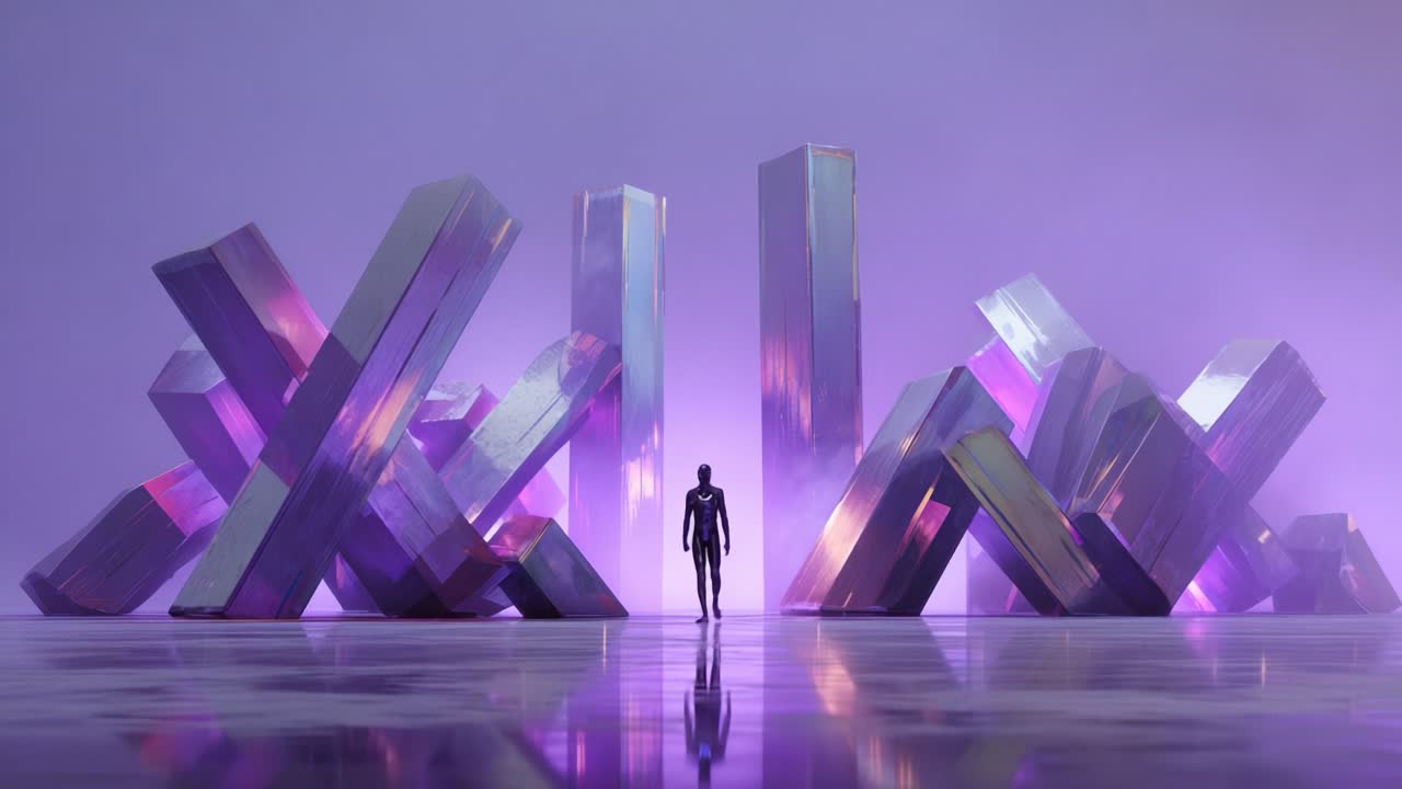 A Futuristic Landscape with Geometric Crystals and a Mysterious Figure