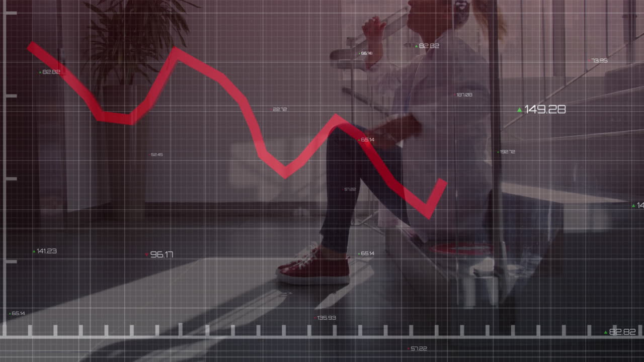 Statistical data processing against stressed caucasian female doctor sitting on stairs at hospital