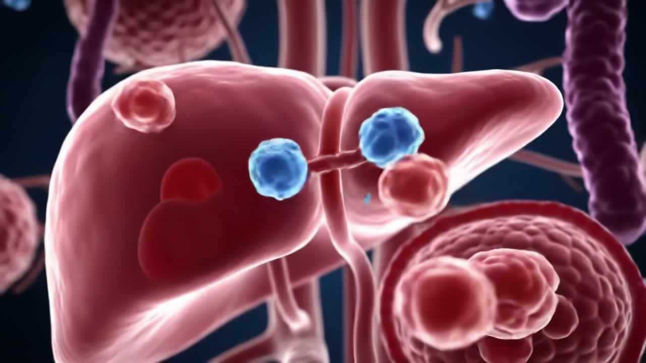 Detailed Visualization of Cellular Interactions in Human Liver Tissues, Highlighting Complex Molecular Structures and Biological Functions Essential for Health and Disease Management