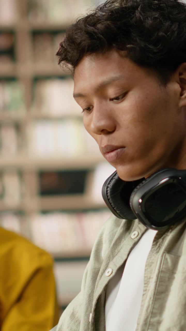 Vertikal video: Mannlig student med hodetelefoner leser notater fra lærebok ved et bibliotekbord
