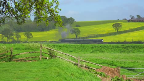 A-distant-steam-train-moves-across-the-countryside