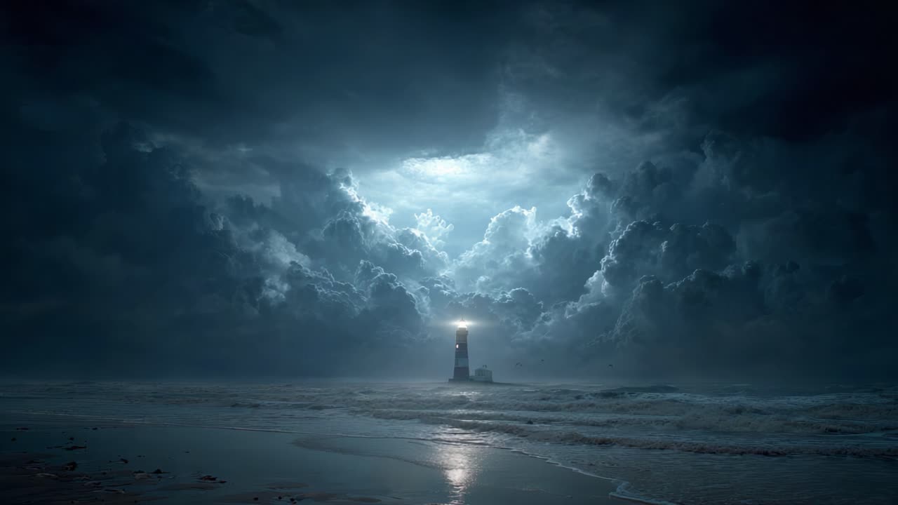 A Majestic Lighthouse Illuminated Amidst Dark, Stormy Skies and Turbulent Seas, Capturing the Essence of Nature's Untamed Beauty and Serenity
