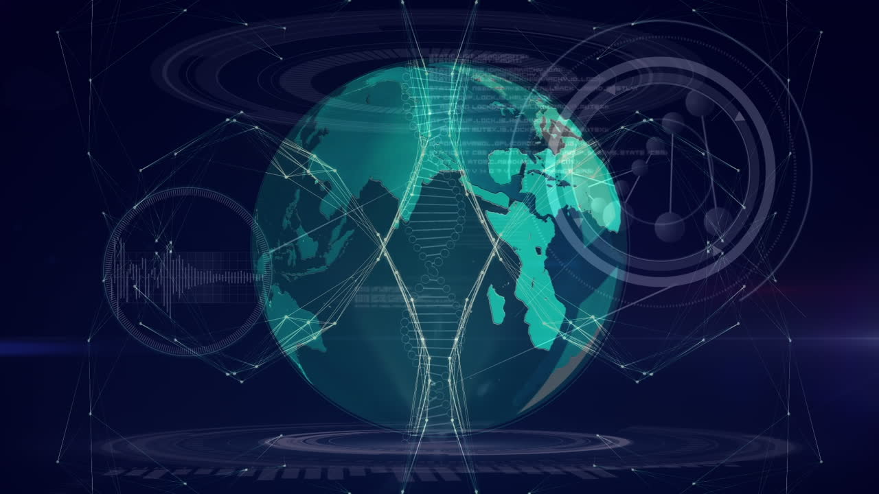 Animation of network of connections over globe and data processing on black background