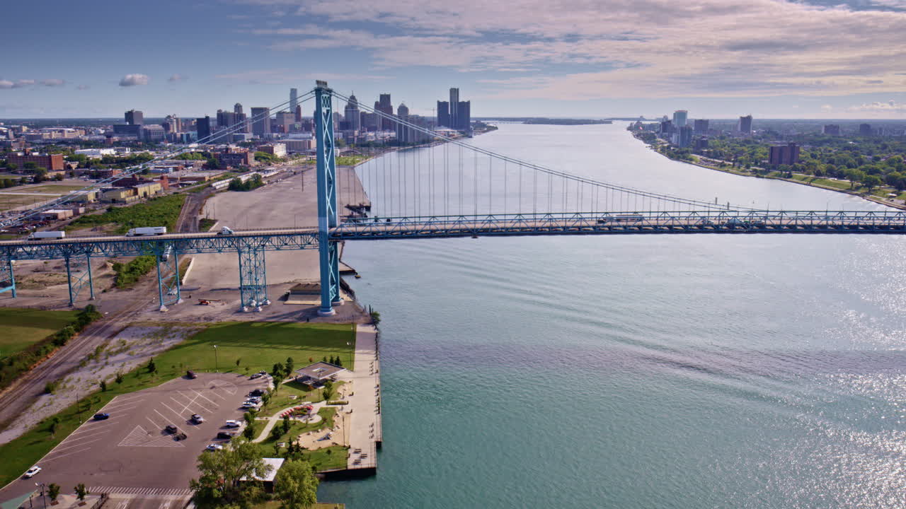 Cinematic fly-around drone shot highlighting the bridge between the U.S. and Canada