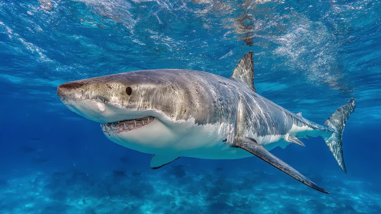 Majestic Great White Shark Gliding Through Crystal Clear Ocean Waters, Showcasing Its Powerful Form and Beautiful Patterns in the Underwater Habitat