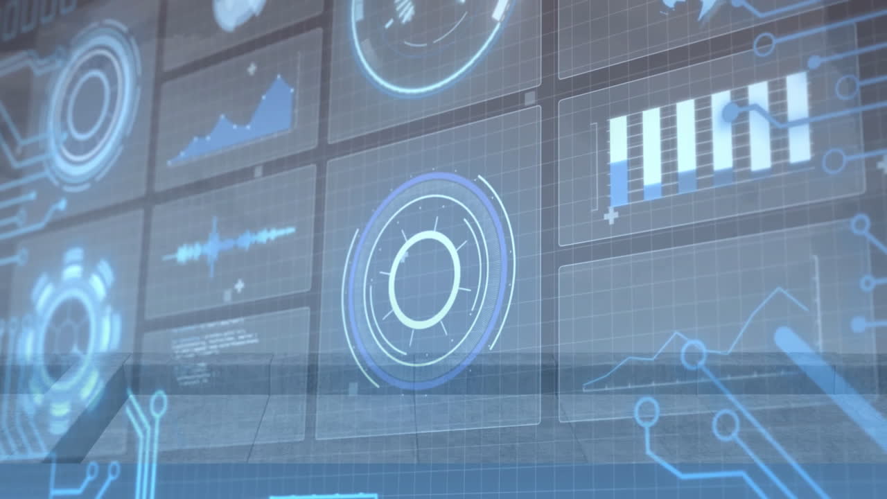 Displaying futuristic digital interface with data charts and animation in blue tones