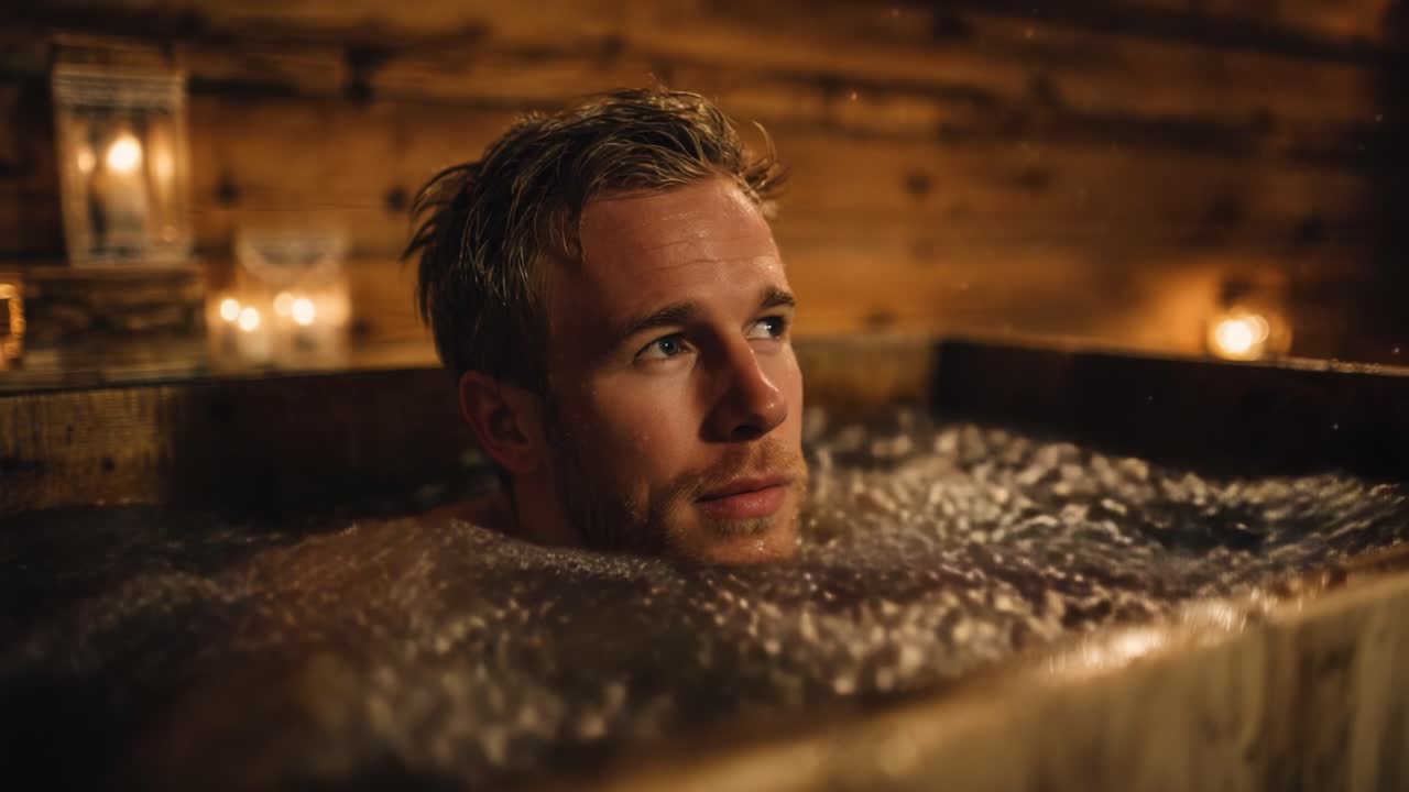 Relaxation and Serenity: A Man Enjoys a Peaceful Moment in a Warm Bathtub Surrounded by Soft Candlelight in a Cozy Atmosphere