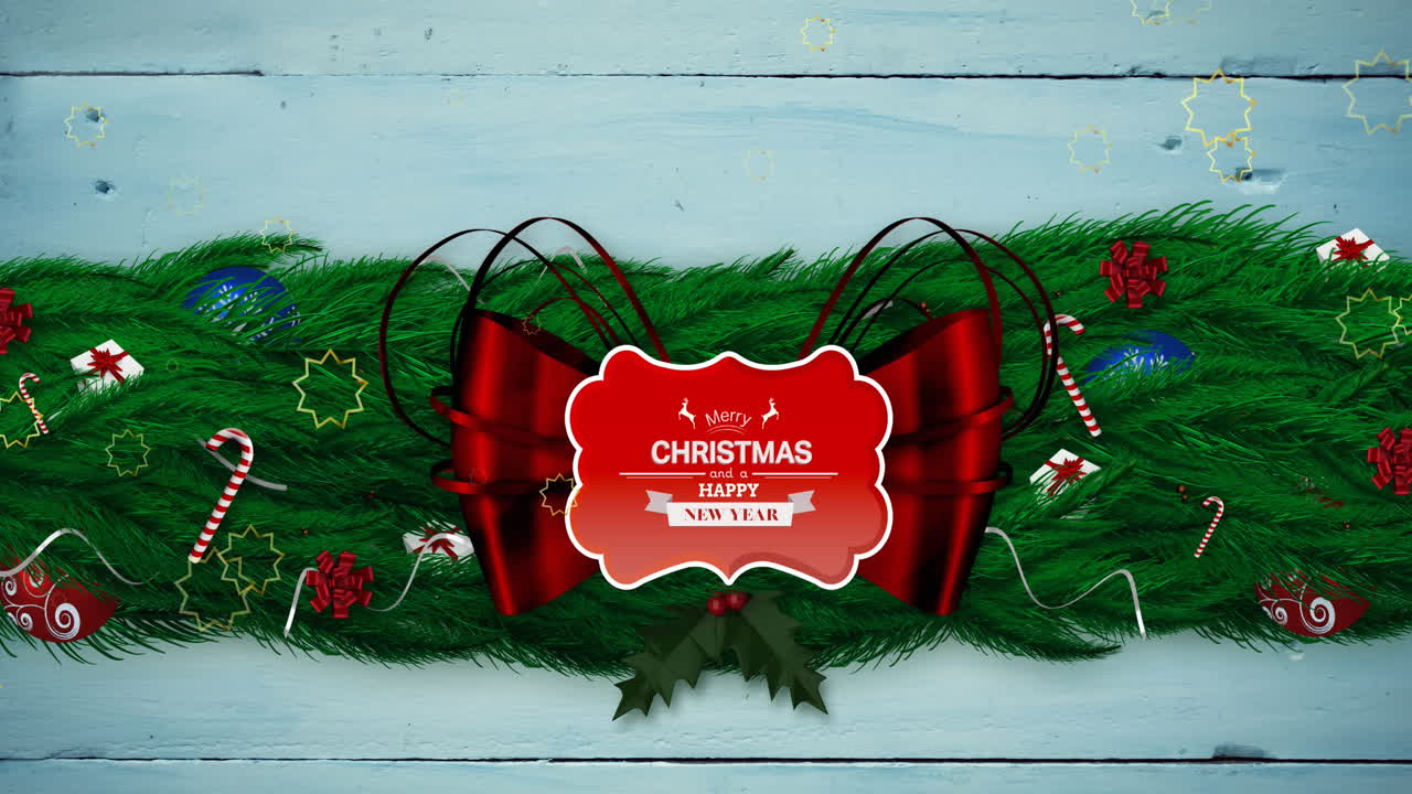 animación del texto de feliz navidad sobre las decoraciones navideñas