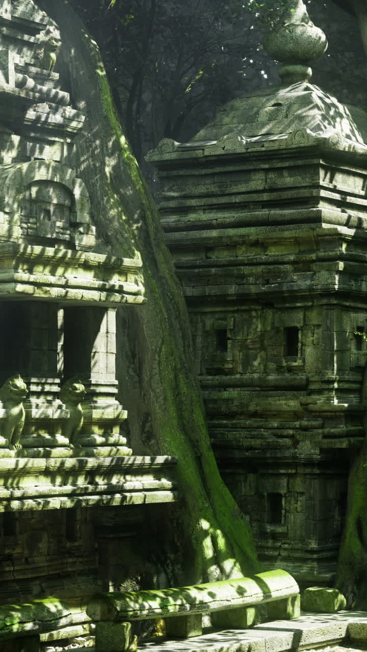 Misteriose rovine di templi si ergono attraverso la volta di una giungla lussureggiante