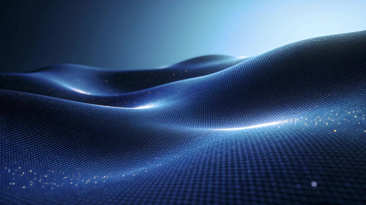 Animating blue grid mesh shifting crests toward foreground in studio render, with moving sparkles