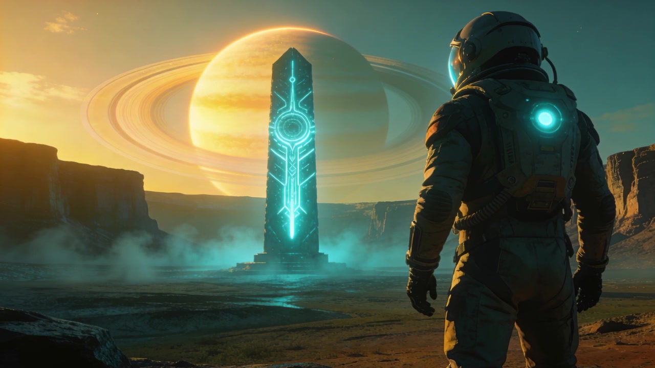 Standing suited astronaut observing glowing obelisk on rocky plain with ringed planet, copy space