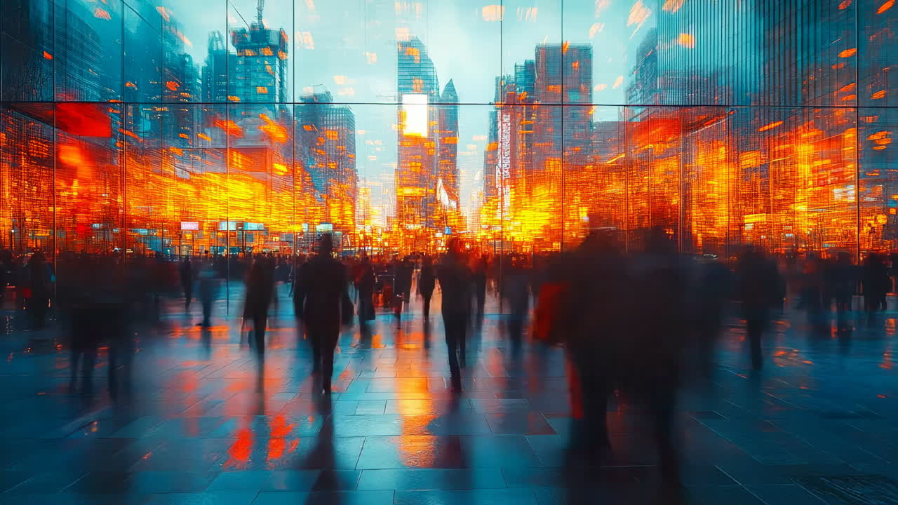 City skyline reflecting vibrant sunset. Crowd gathers in a modern urban area as city buildings reflect bright colors at sunset, creating a lively atmosphere