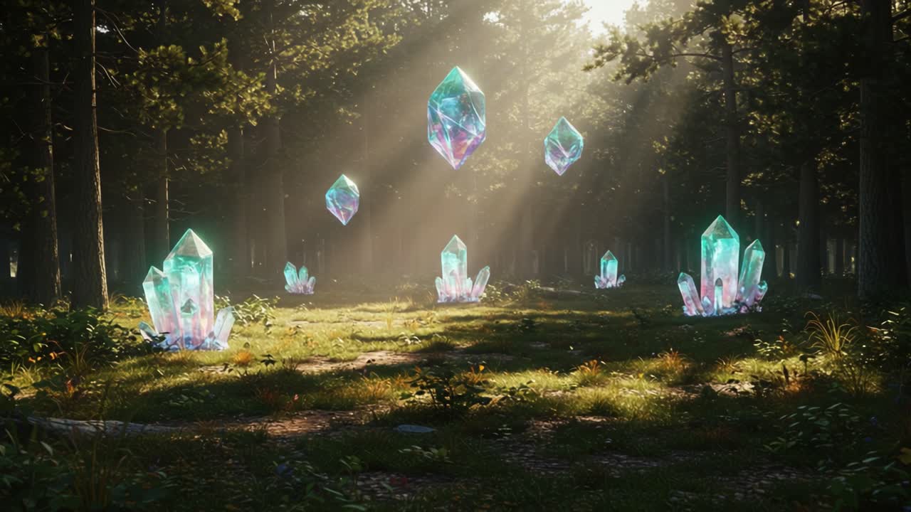 A mystical forest illuminated by beams of sunlight reveals vibrant, ethereal crystals rising from the ground, creating a stunning display of natural wonder and enchantment